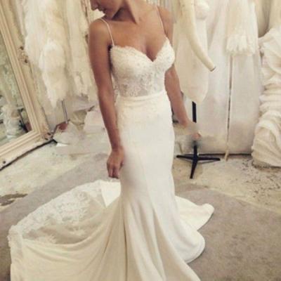 New White/ivory Lace Satin Spaghetti Straps Mermaid Wedding Dress Bridal Gown PT