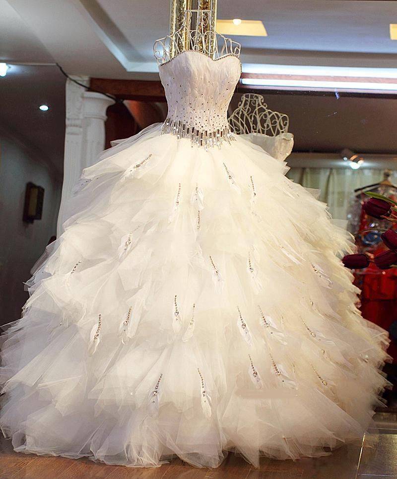 Exquisite White Sweetheart Ball Gown Tulle Handmade Wedding Dresses Custom Made